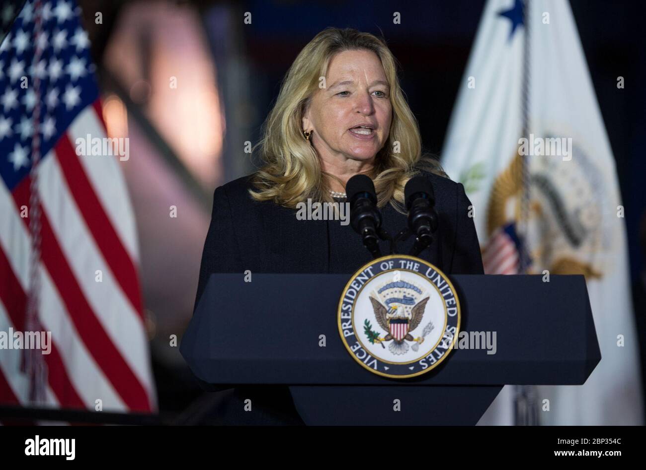 Am 20. August 2019 hielt Ellen Stofan, Direktorin des National Air and Space Museum, während des sechsten Treffens des National Space Council im Steven F. Udvar-Hazy Center in Chantilly, Virginia. Der rat unter dem Vorsitz des Vizepräsidenten berät über die Raumfahrtpolitik und -Strategie der USA. Stockfoto