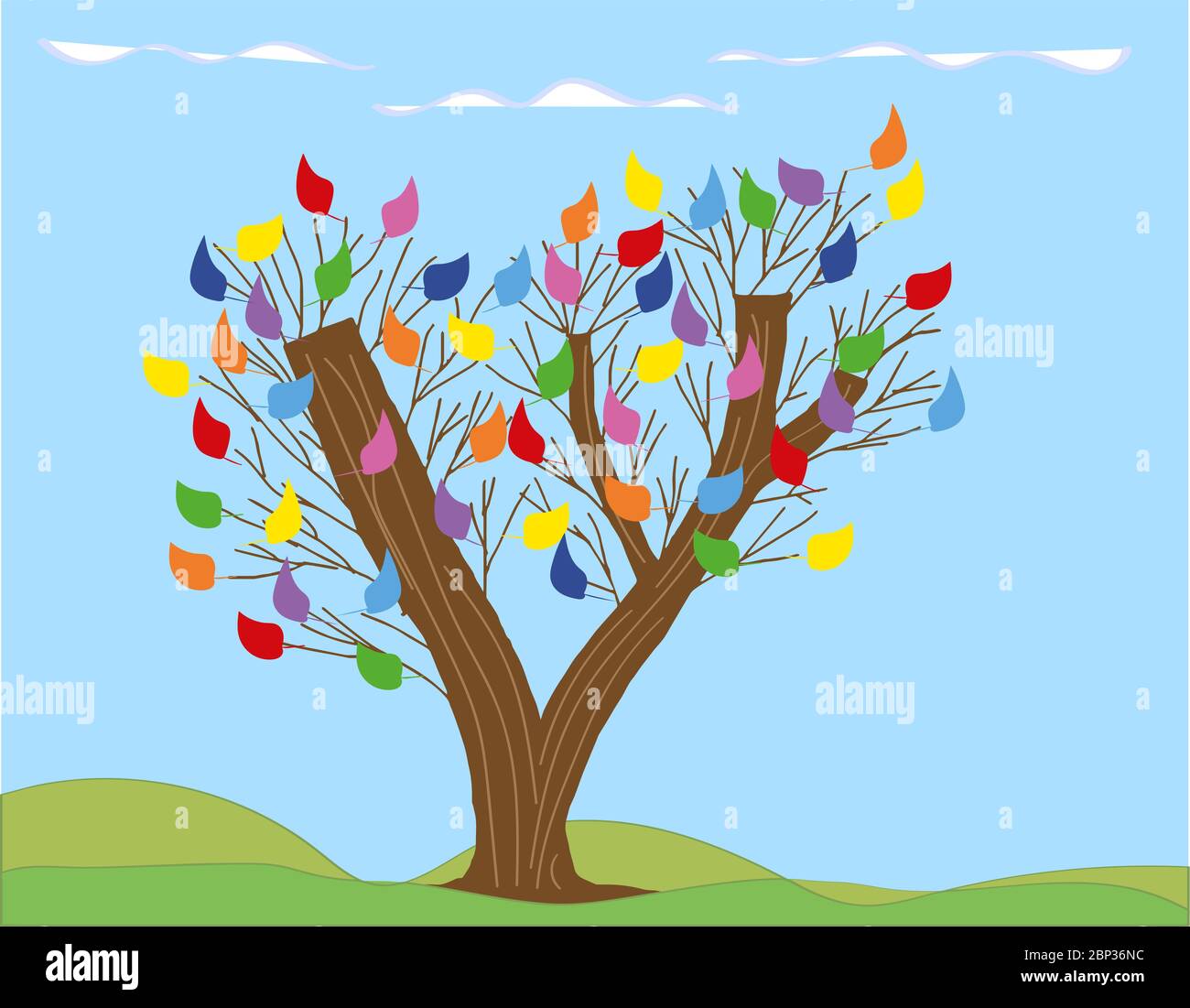 Ungewöhnlich bemalter Baum mit drei Stämmen und bunten Blättern auf hellem Hintergrund. Nachahmung der Kinderzeichnung Stock Vektor