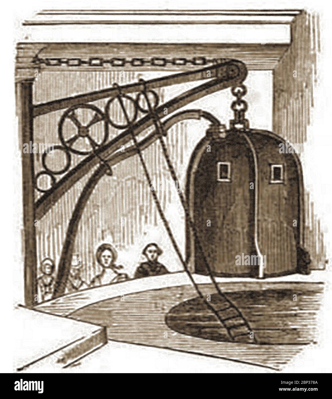 Ein historischer Stich, der den Franzosen Dr. Payerne's Diving Bell Invention zeigt, wurde 1842 in England am London Institute of Science demonstriert. Herr Hardiman diente als Payernes Assistent beim Tauchen des Wracks des Royal George. Der Einsatz des 'Mr Dean's' Tauchhelms wurde in einer Reihe von Experimenten verwendet. Stockfoto