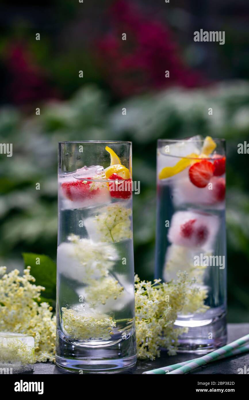 Gin Tonic mit Eldehußwürfeln und strawbery garnieren Stockfoto