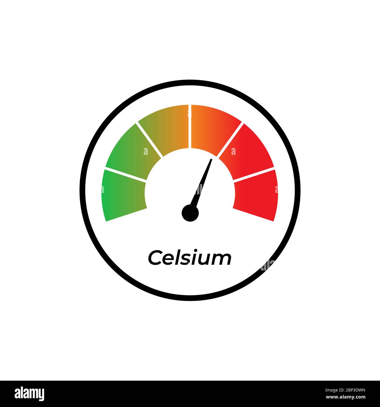 Runder Temperaturmesser, isoliert auf weißem Hintergrund. Farbige Halbkreiswaage in flacher Ausführung. Vorlage für Kreisbarometer oder Indikator. Ve Stock Vektor