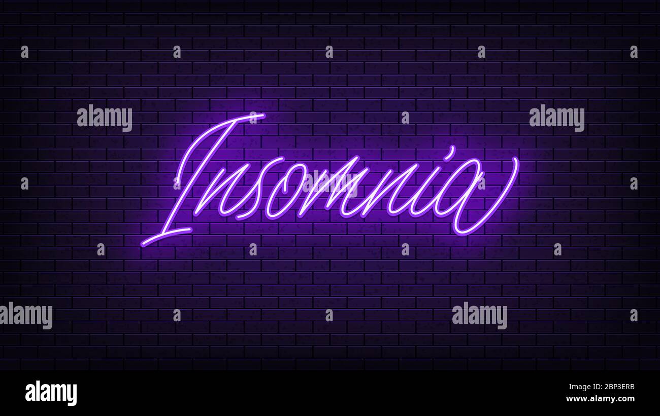 Violett Neon Insomnia, Schriftzug. Neontext von Insomnia auf schwarzem Backstein-Hintergrund, Nachtambiente. Lebendiges Licht bei Nacht. Wort, Inschrift und Titel mit Stock Vektor