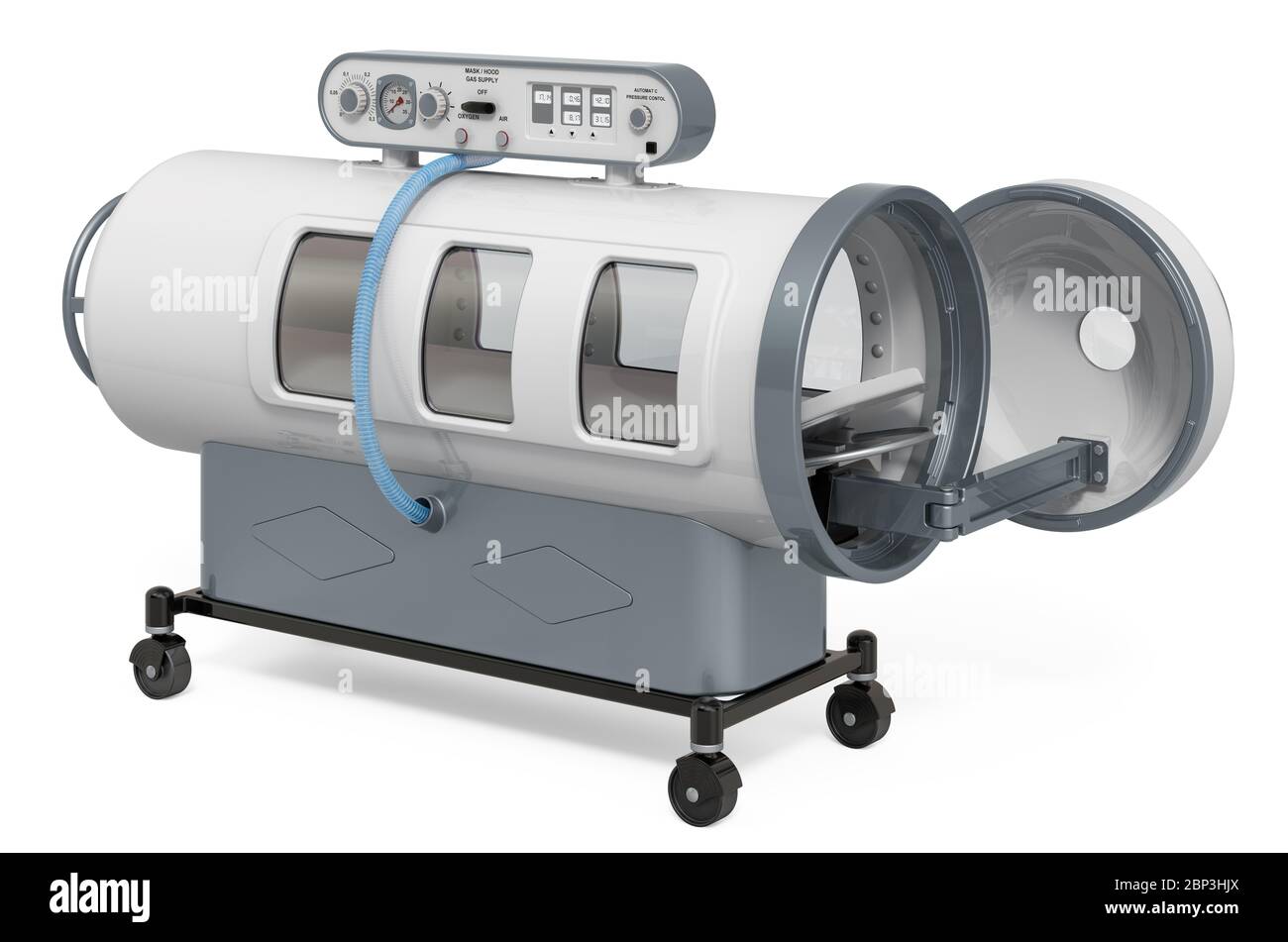 Hyperbaric Chamber geöffnet, 3D-Rendering isoliert auf weißem Hintergrund Stockfoto