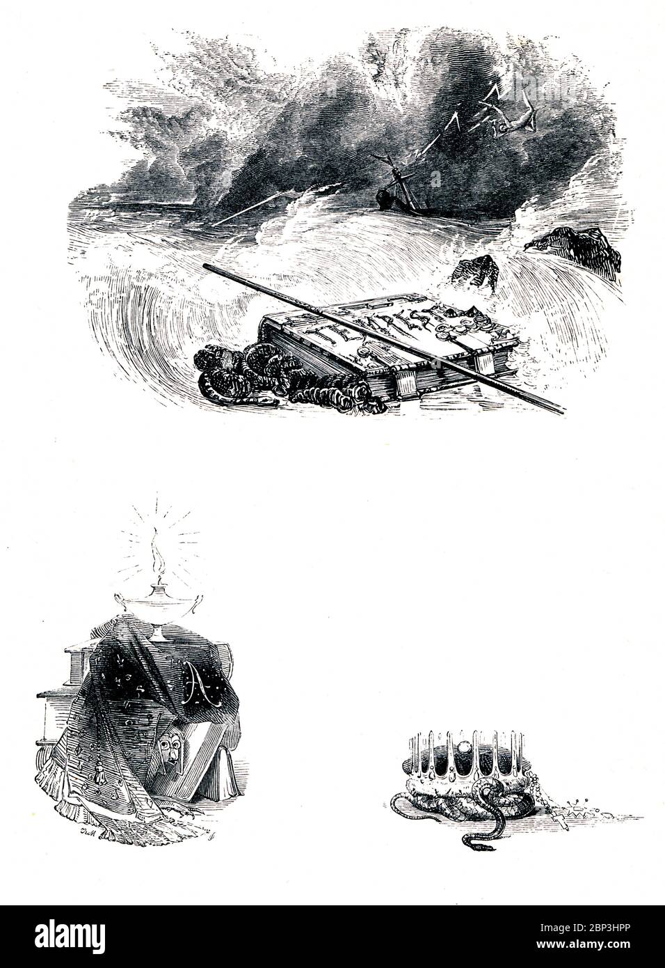 Das viktorianische Büchlein The Tempest für das Komödienspiel von William Shakespeare über ein Schiffswrack auf einer geheimnisvollen Insel, aus dem 1849 illustrierten Buch Heroines of Shakespeare Stockfoto