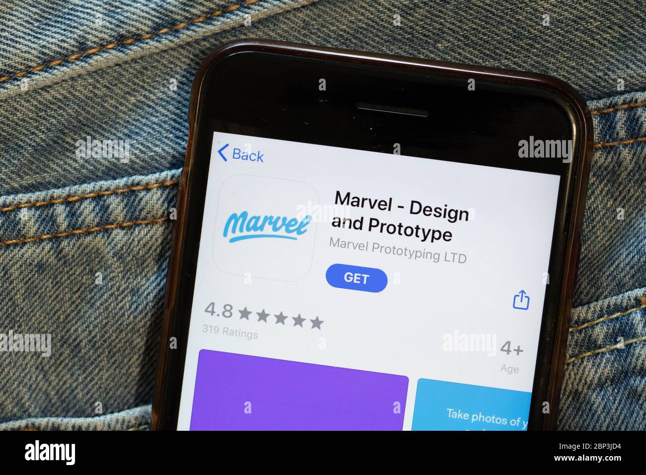 New York, USA - 15. Mai 2020: Marvel Design und Prototyp-Logo für mobile Apps auf dem Handy-Bildschirm, Nahaufnahme-Symbol, illustrative Editorial Stockfoto