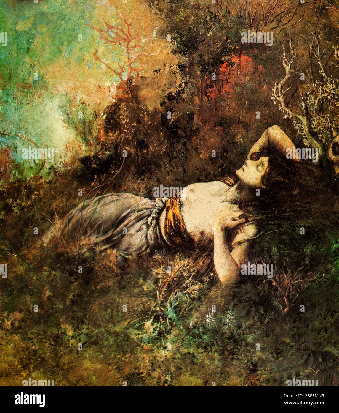 Ein Ausschnitt aus 'Sappho' von Cornelius Ary Renan (1857-1900). Sappho wurde weithin als einer der größten Lyriker angesehen und erhielt Namen wie die "zehnte Muse" und "die Dichterin. Renan war ein französischer Symbolist, der bei Elie Delaunay und Pierre Puvis de Chavannes studierte und ein enger Freund Gustave Moreaus wurde. Stockfoto
