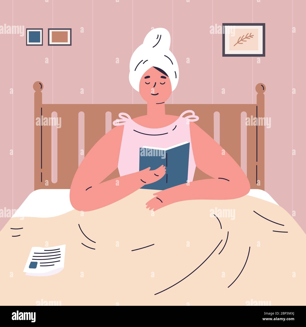 Frau, die ein Buch im Bett liest.Ruhe zu Hause Stock Vektor