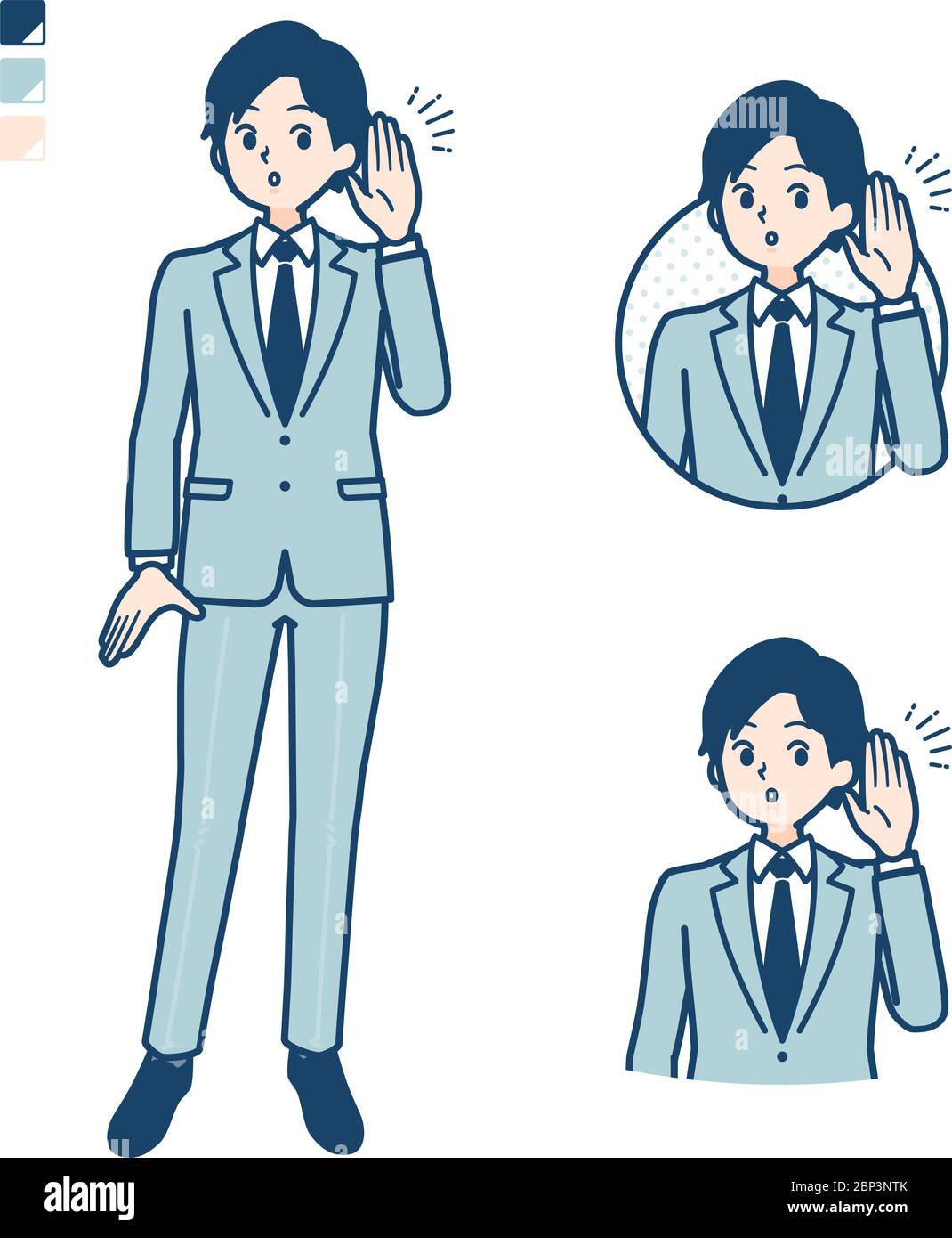 Ein junger Geschäftsmann im Anzug mit Hörbildern. Es ist Vektorgrafik, so dass es einfach zu bearbeiten ist. Stock Vektor