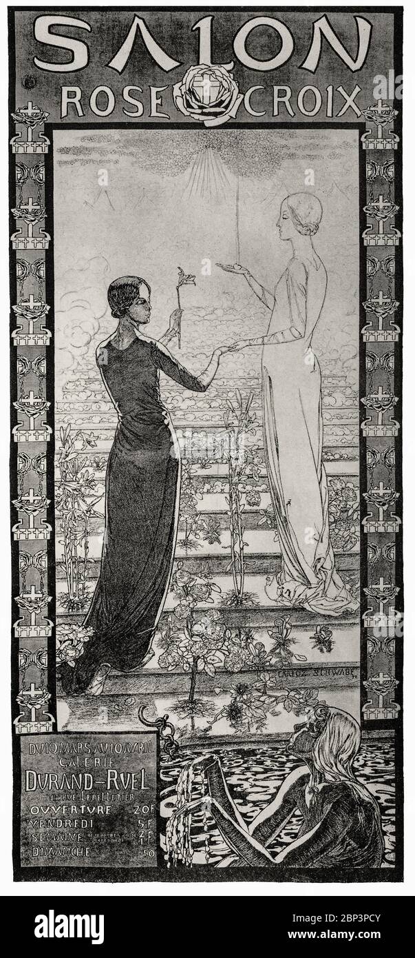 Das Plakat für die erste "Salon Rose+Croix" von Carlos Schwabe (1866-1926), einem Schweizer Symbolisten, ist ein wichtiges symbolisches Werk der idealistischen neuen Kunst. Nach dem Kunststudium in Genf zog Schwabe nach Paris und wurde zu einem der wichtigsten symbolistischen Buchillustratoren. Stockfoto