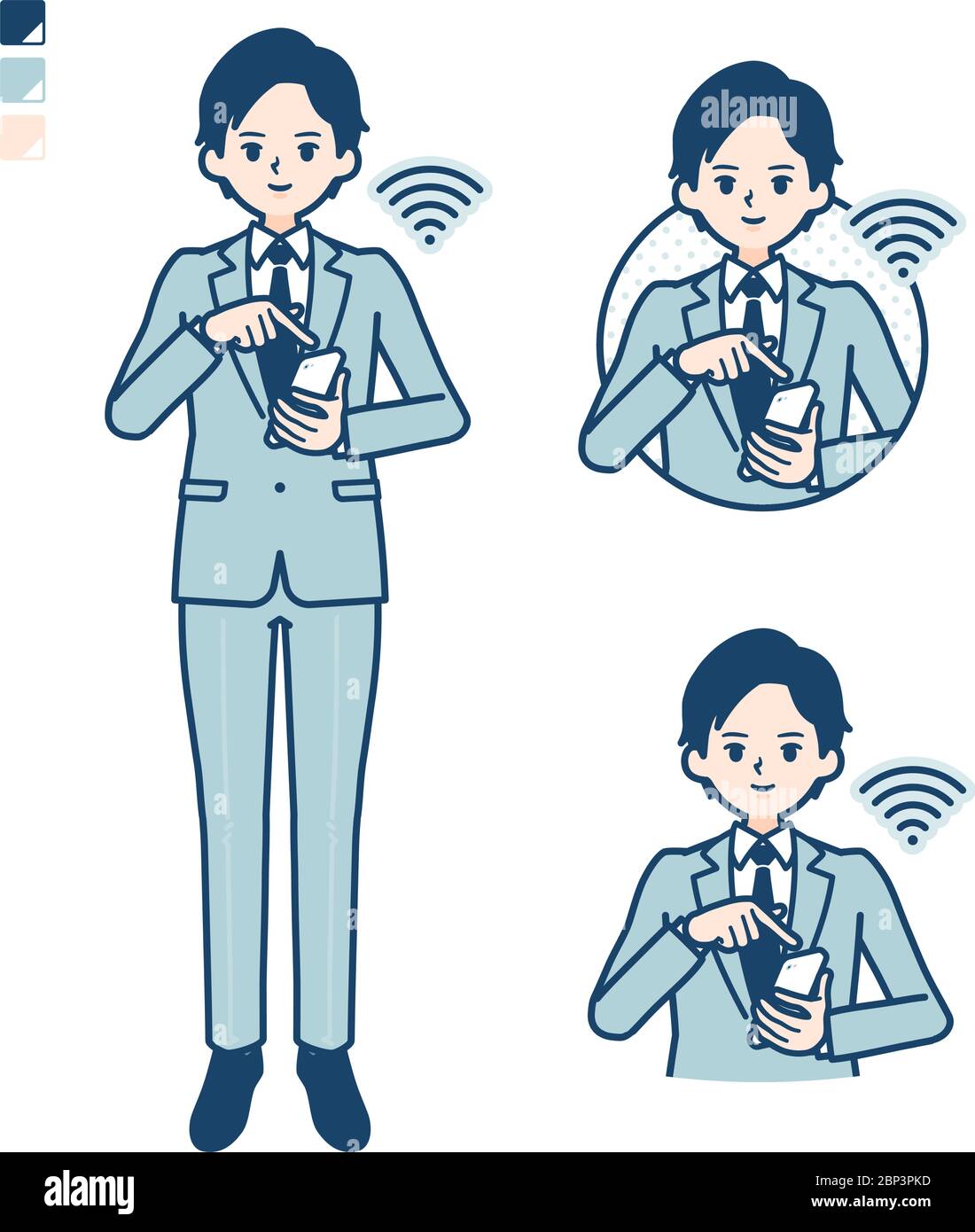 Ein junger Geschäftsmann im Anzug mit Smartphone-Bildern bedienen. Es ist Vektorgrafik, so dass es einfach zu bearbeiten ist. Stock Vektor