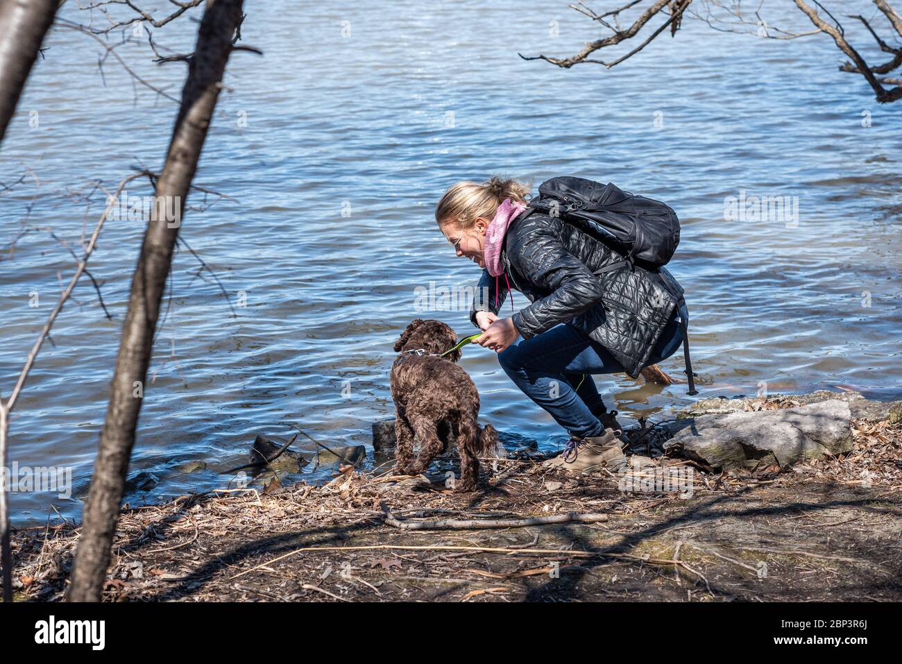 Blonde junge Frau spielt mit einem Hund neben einem Fluss Stockfoto