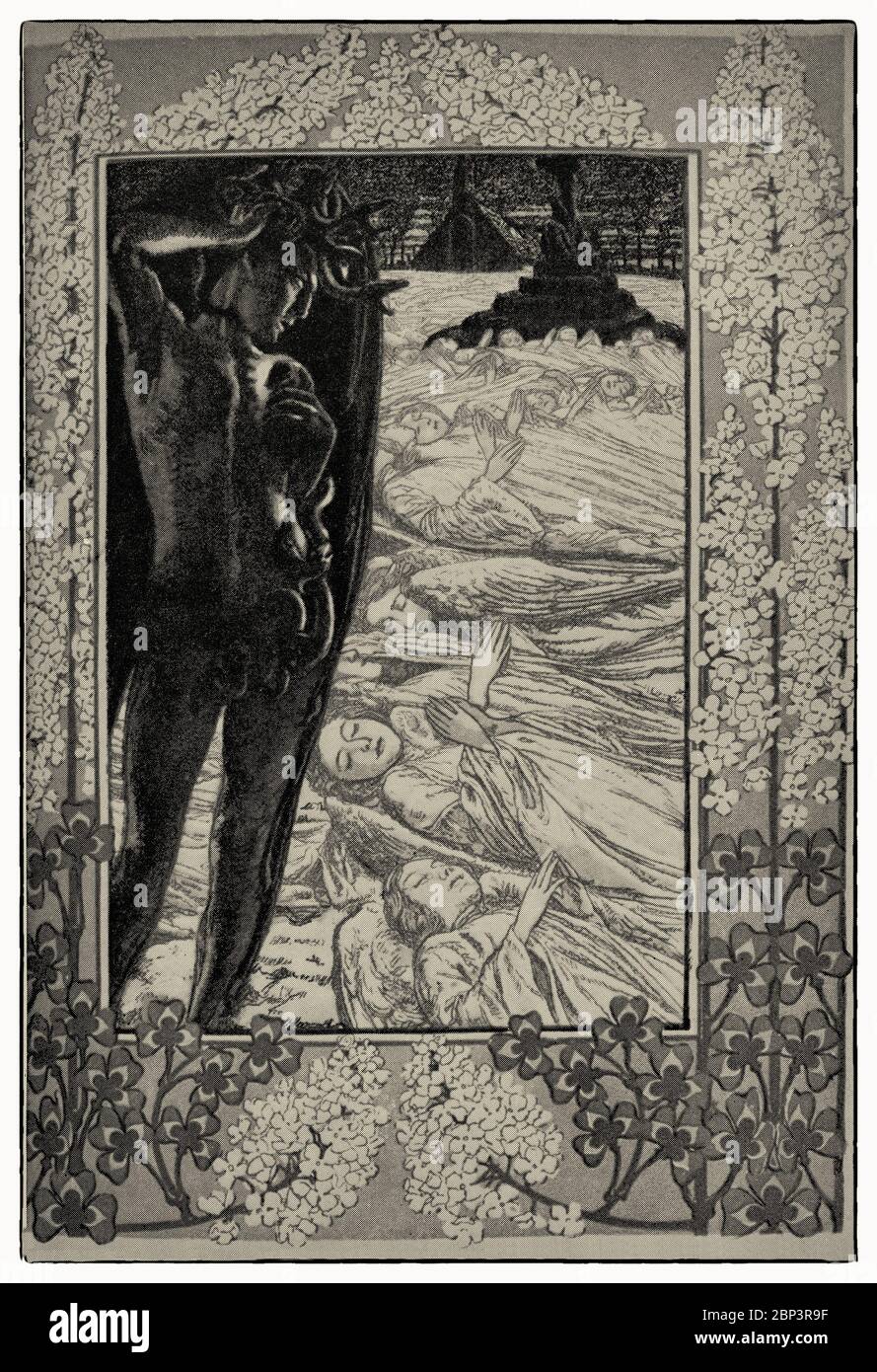 Illustration für Albert Semains 'Au Jardin de l'Infante' von Carlos Schwabe (1866-1926) ist ein Schweizer Symbolist ein wichtiges symbolisches Werk der idealistischen neuen Kunst. Nach seinem Kunststudium in Genf zog Schwabe nach Paris und wurde zu einem der wichtigsten symbolistischen Buchillustratoren. Stockfoto