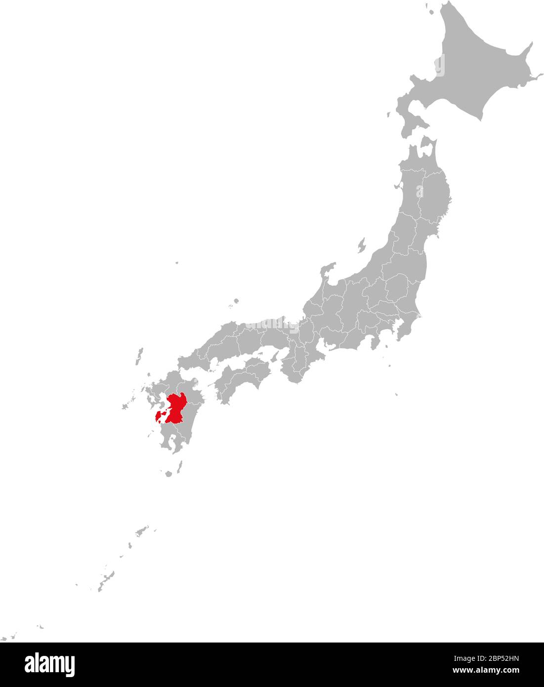 Die Provinz Kumamoto ist auf der Karte in Japan rot hervorgehoben. Grauer Hintergrund. Perfekt für Geschäftskonzepte, Hintergründe, Hintergrund, Aufkleber, Banner, Poster, Label, Stock Vektor