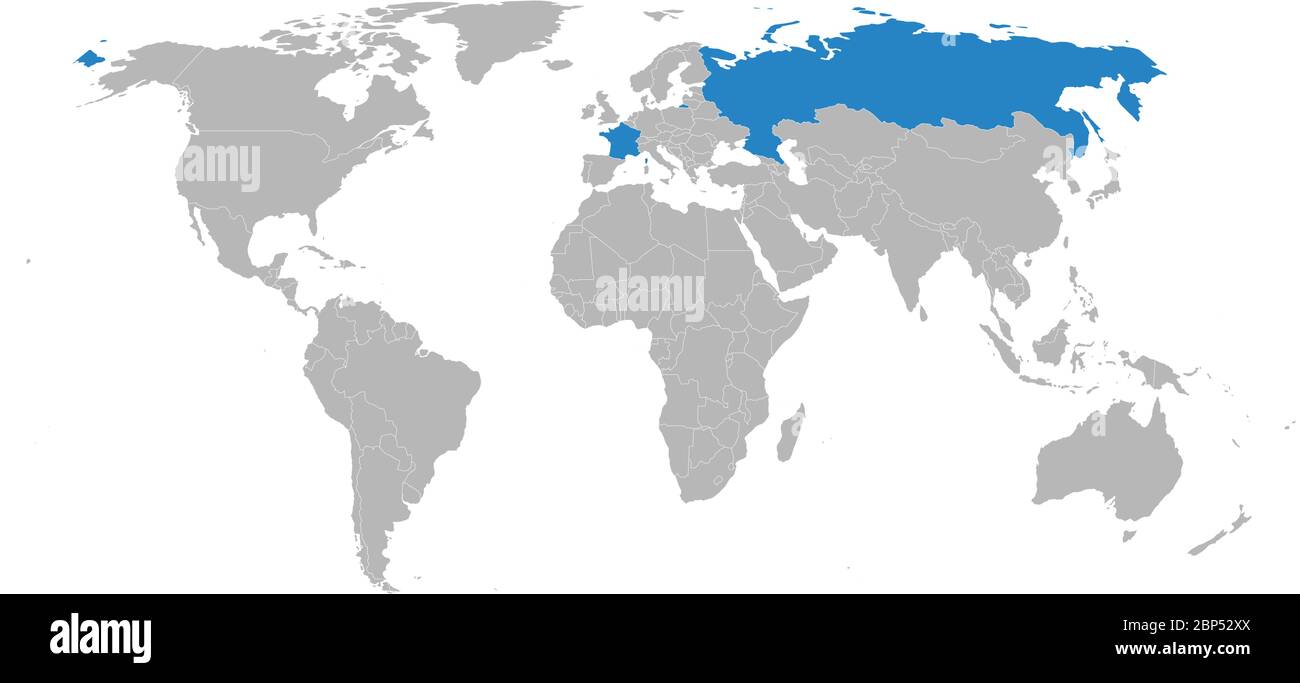 Frankreich, russland auf der Weltkarte hervorgehoben. Hellgrauer Hintergrund. Geschäftskonzepte, diplomatische Beziehungen, Reisen, Handel und Verkehr. Stock Vektor
