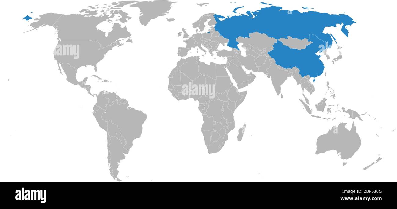 Russland, china auf der Weltkarte hervorgehoben. Hellgrauer Hintergrund. Geschäftskonzepte, diplomatische Beziehungen, Gesundheit, Reisen, Handel und Verkehr. Stock Vektor