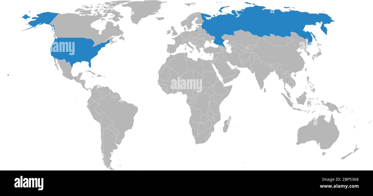 Russland, USA Karte auf Weltkarte hervorgehoben. Hellgrauer Hintergrund. Geschäftskonzepte, diplomatische Beziehungen, Reisen, Handel und Verkehr. Stock Vektor