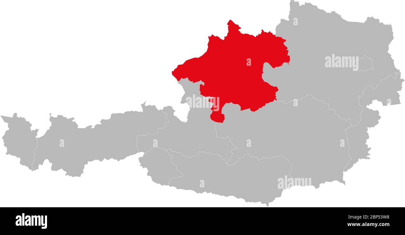 Oberösterreich Provinz auf Österreich Karte hervorgehoben. Hellgrauer Hintergrund. Stock Vektor