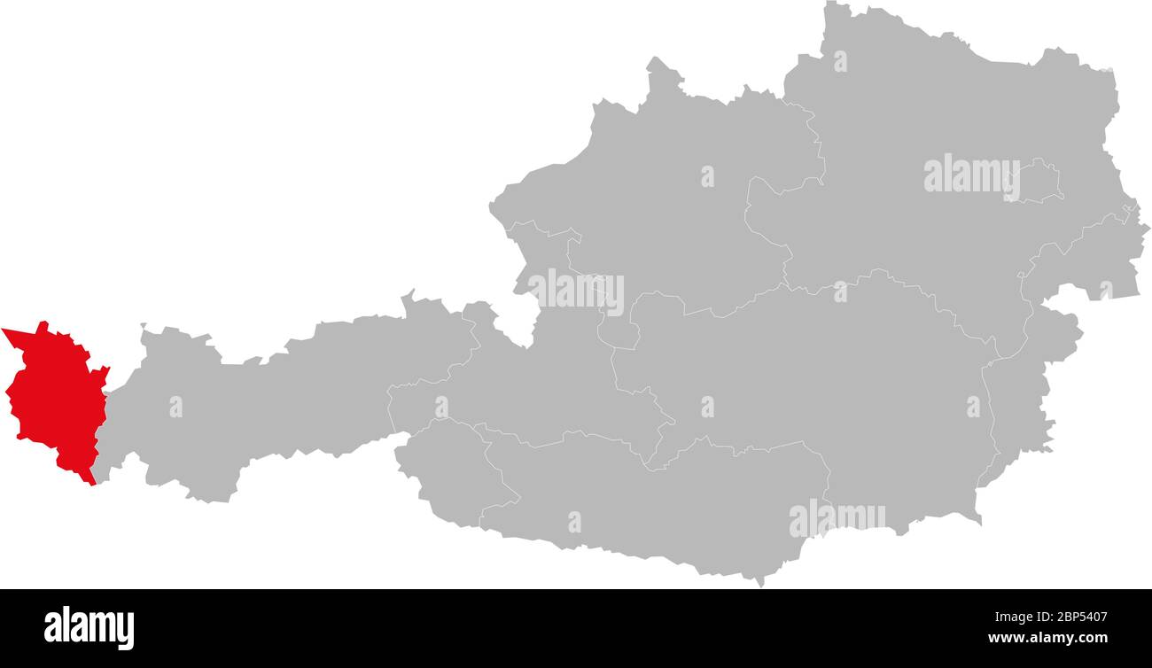 Vorarlberg Provinz auf Österreich Karte hervorgehoben. Hellgrauer Hintergrund. Stock Vektor