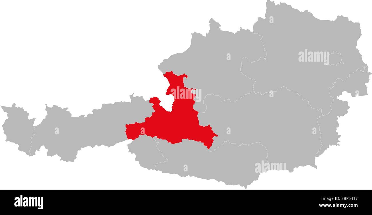 Salzburg Provinz auf Österreich Karte hervorgehoben. Hellgrauer Hintergrund. Stock Vektor
