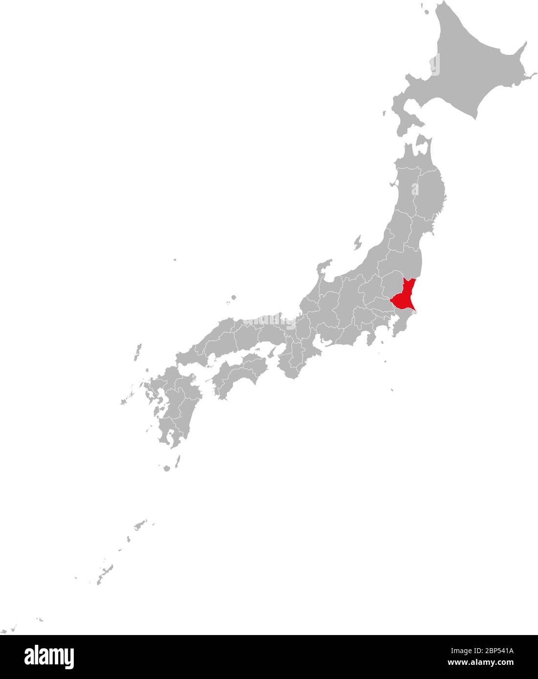 Die Provinz Ibaraki ist auf der Karte in Japan rot hervorgehoben. Grauer Hintergrund. Geschäftskonzepte und Hintergründe. Stock Vektor