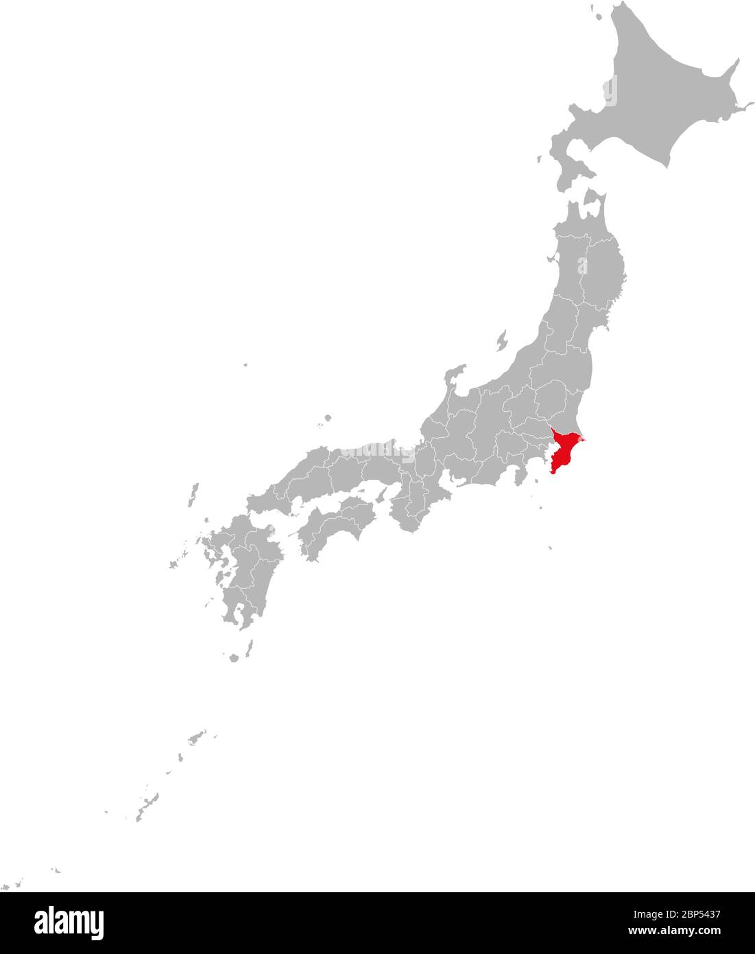 Die Provinz Chiba ist auf der Karte in Japan rot hervorgehoben. Grauer Hintergrund. Geschäftskonzepte und Hintergründe. Stock Vektor