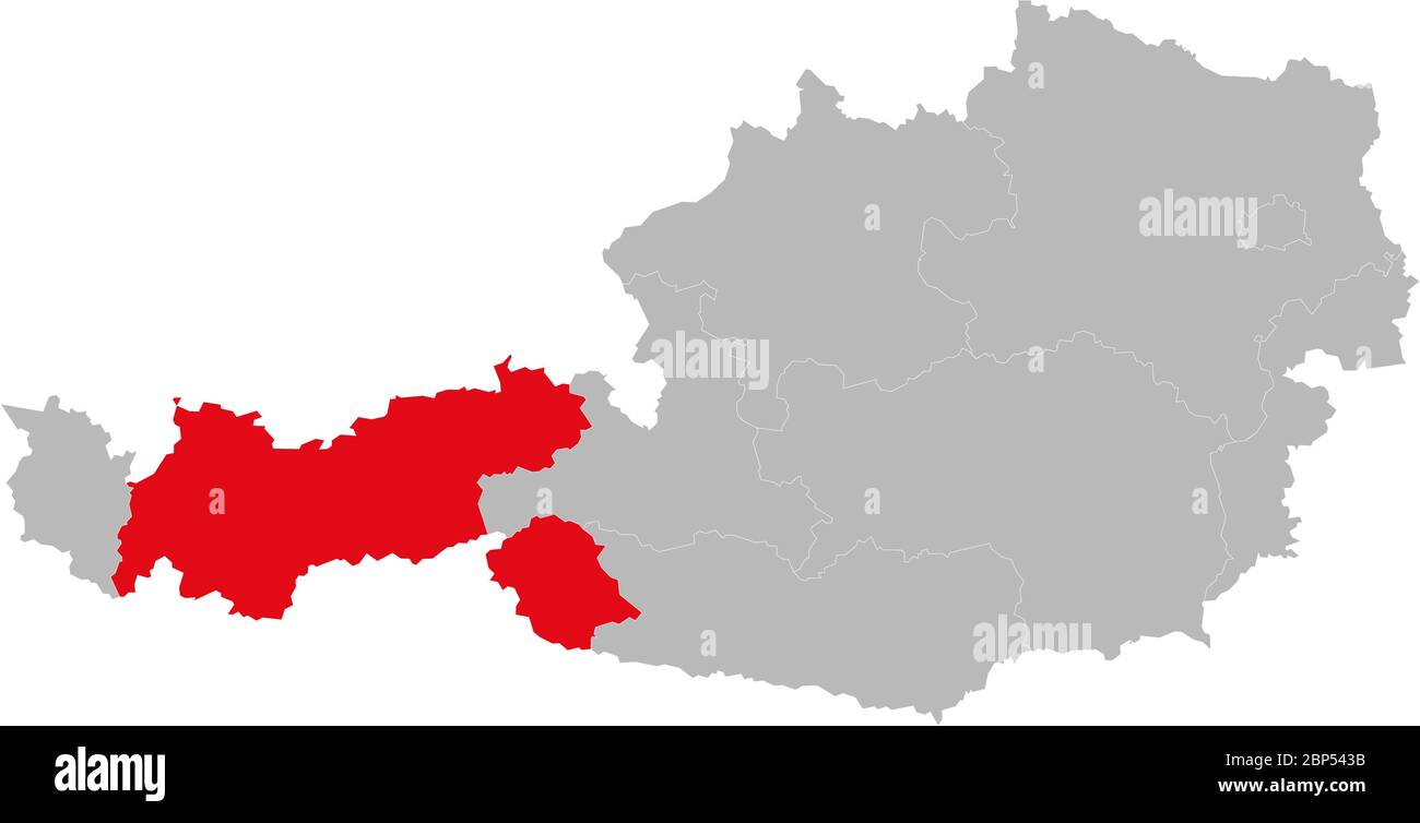 Tirol Provinz auf Österreich Karte hervorgehoben. Hellgrauer Hintergrund. Stock Vektor