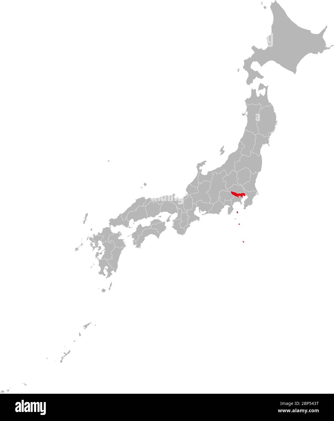Die Provinz Tokio ist auf der Japan-Karte rot hervorgehoben. Grauer Hintergrund. Geschäftskonzepte und Hintergründe. Stock Vektor