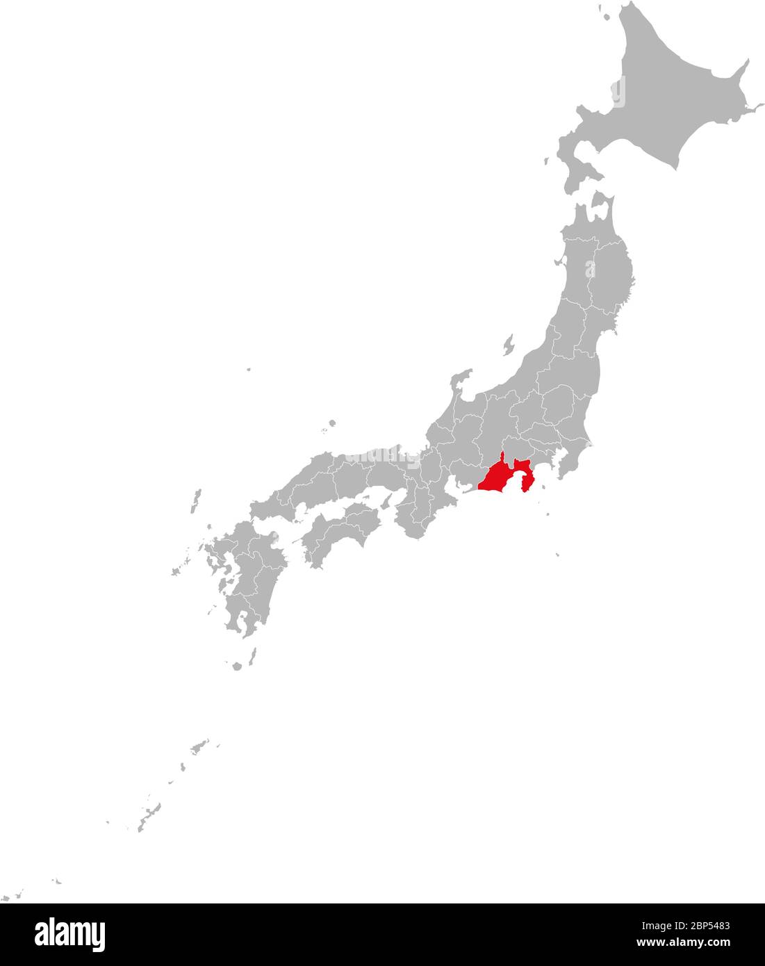 Die Provinz Shizuoka ist auf der Karte in Japan rot hervorgehoben. Grauer Hintergrund. Geschäftskonzepte und Hintergründe. Stock Vektor