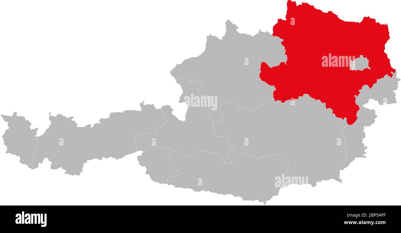 Niederösterreich Provinz auf Österreich Karte hervorgehoben. Hellgrauer Hintergrund. Stock Vektor