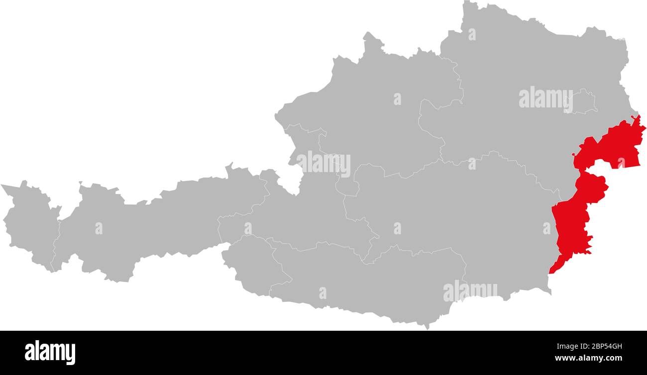 Burgenland Provinz auf Österreich Karte hervorgehoben. Hellgrauer Hintergrund. Stock Vektor