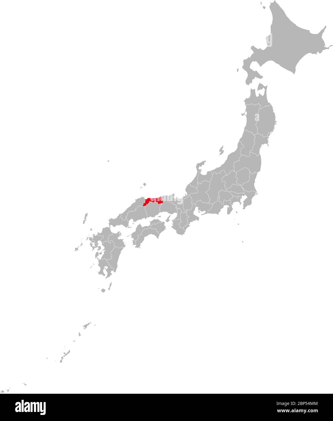 Die Provinz Tottori ist auf der Japan-Karte rot hervorgehoben. Grauer Hintergrund. Geschäftskonzepte und Hintergründe. Stock Vektor