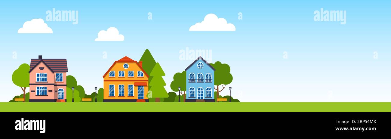 Cartoon Straße mit Häusern. Stadthaus realty, Panorama-Banner für Ihren Text. Städtische Kleinstadtlandschaft. Flache Objekte von Stadtbild grüne Bäume, Busch, Wolken, Laterne.Vektor-Illustration Stock Vektor
