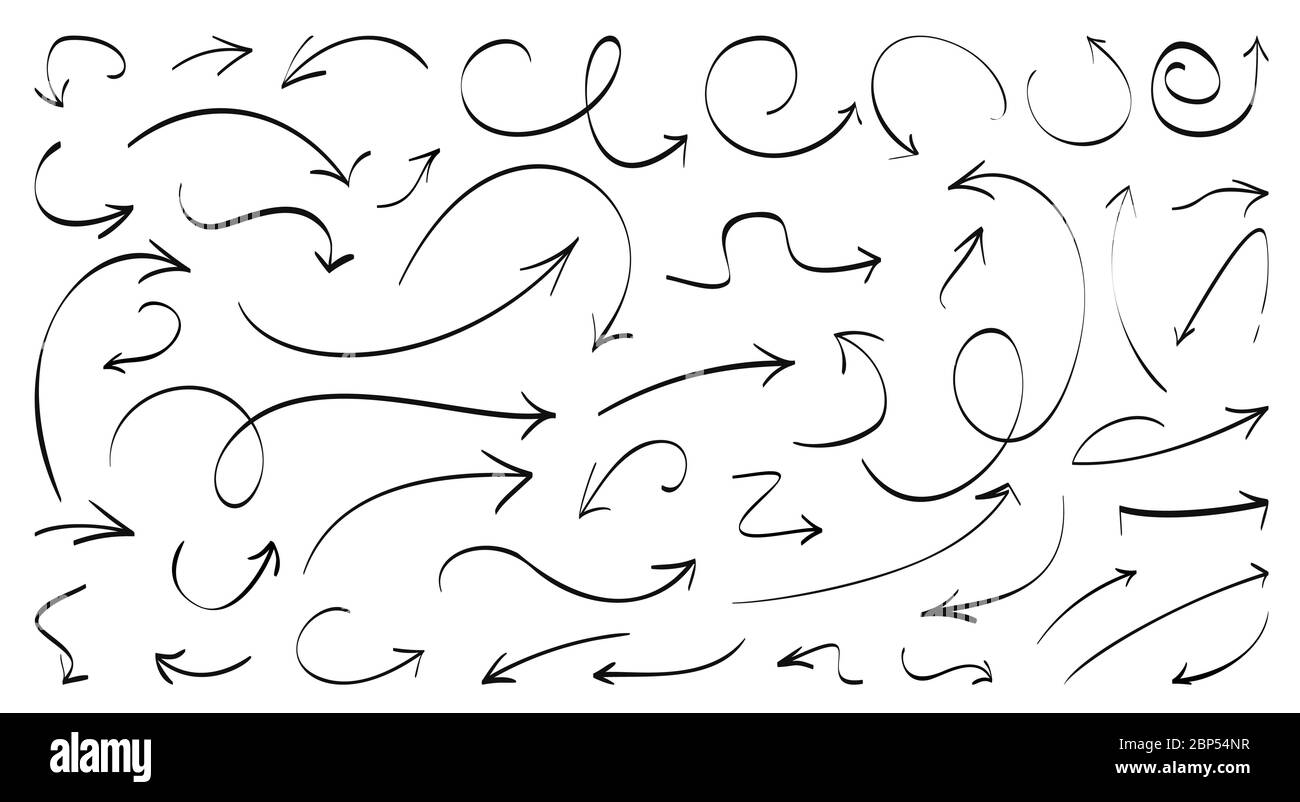 Schwarze Linie handgezeichnete Pfeile gesetzt. Doodle links rechts unten Richtung Zeichen Sammlung. Skizzieren Sie die Pfeilsymbole der parallelen Stiftkurve. Wachstum des Unternehmens durch Grafikdesign. Isolierte Vektordarstellung Stock Vektor