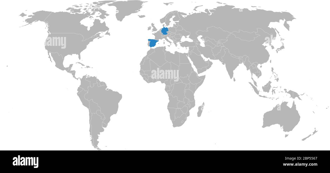 Spanien, Deutschland Länder auf Weltkarte isoliert. Hellgrauer Hintergrund. Geschäftskonzepte, diplomatische Beziehungen, Handels- und Verkehrsbeziehungen. Stock Vektor