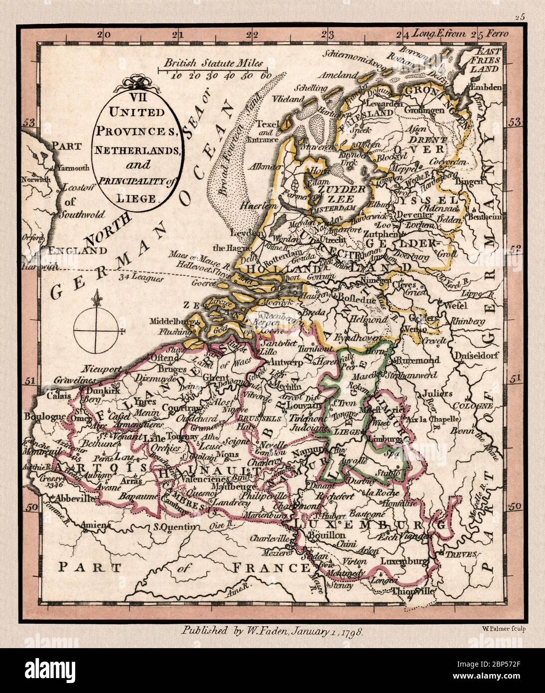 'Vereinigte Provinzen, Niederlande und Fürstentum Lüttich.' Karte zeigt geographische Abteilungen um 1798, Dies ist eine schön detaillierte historische Kartenwiedergabe. Original aus einem britischen Atlas, herausgegeben vom berühmten Kartographen William Faden. Stockfoto