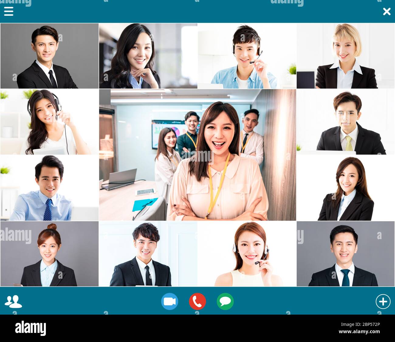 Screenshot von lächelndem Online-Brainstorming einer Geschäftsgruppe über Videokonferenz Stockfoto