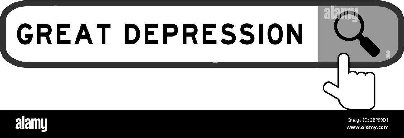 Suche Banner in Wort große Depression mit Hand über Lupe Symbol auf weißem Hintergrund Stock Vektor