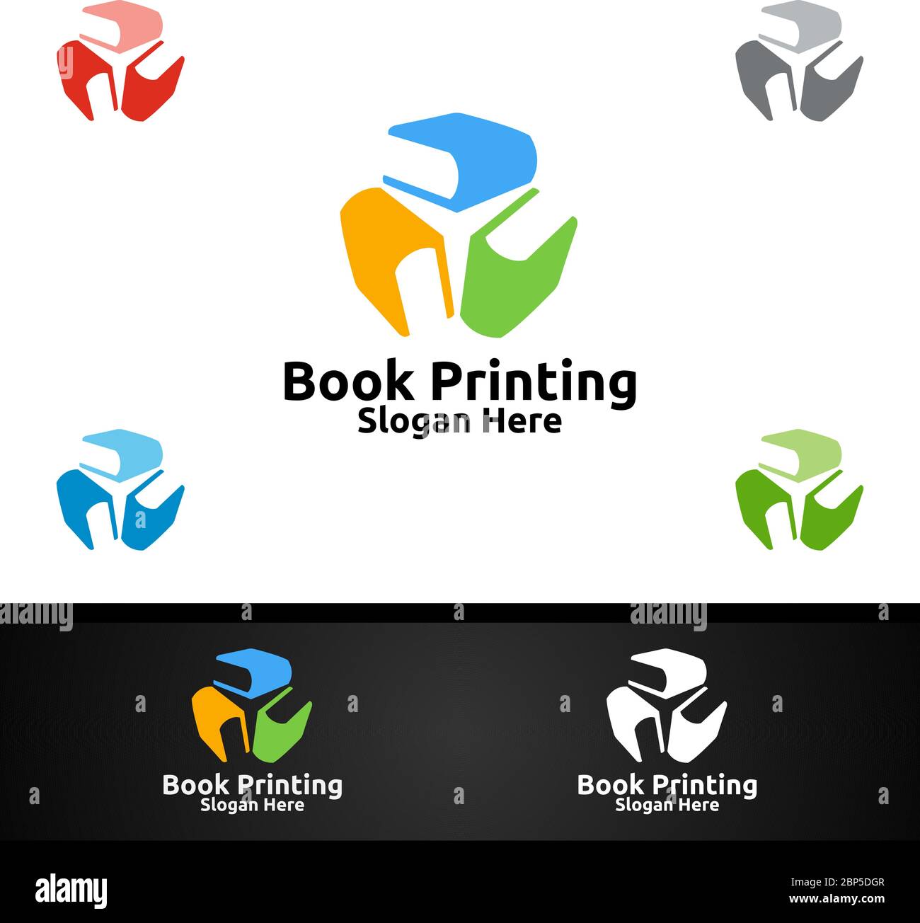 Buchdruck Firma Vector Logo Design für Buchverkauf, Buchhandlung, Medien, Einzelhandel, Werbung, Zeitung oder Papieragentur Konzept Stock Vektor