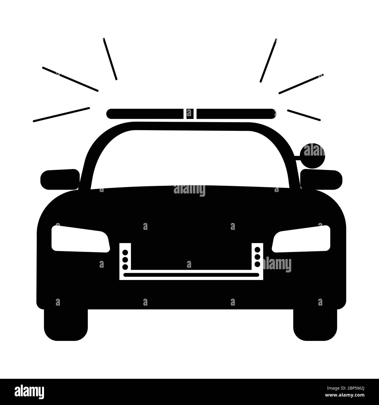 Polizei Cop Auto mit Sirene Vorderansicht. Einfache schwarz-weiß-Abbildung zeigt Polizei-Notfallhilfe Fahrzeug Auto mit Blitz. EPS-Vektor Stock Vektor