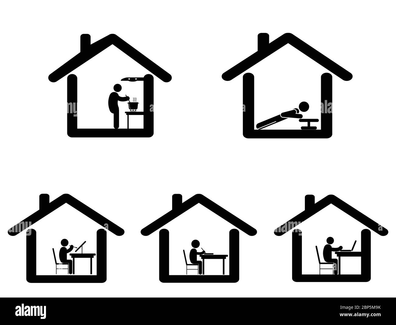 Dinge zu Hause zu tun während der covid-19 Sperre bleiben zu Hause Quarantäne. Piktogramm mit verschiedenen Aktivitäten zu Hause zu tun. Koch Arbeit malen zeichnen Studie Stock Vektor