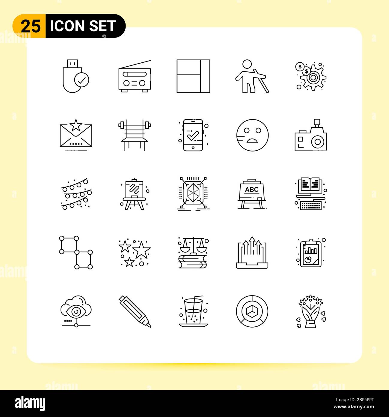 Line Pack von 25 Universal Symbole für Zahnrad, Dollar, Benutzer, Stick, alte editierbare Vektor Design-Elemente Stock Vektor