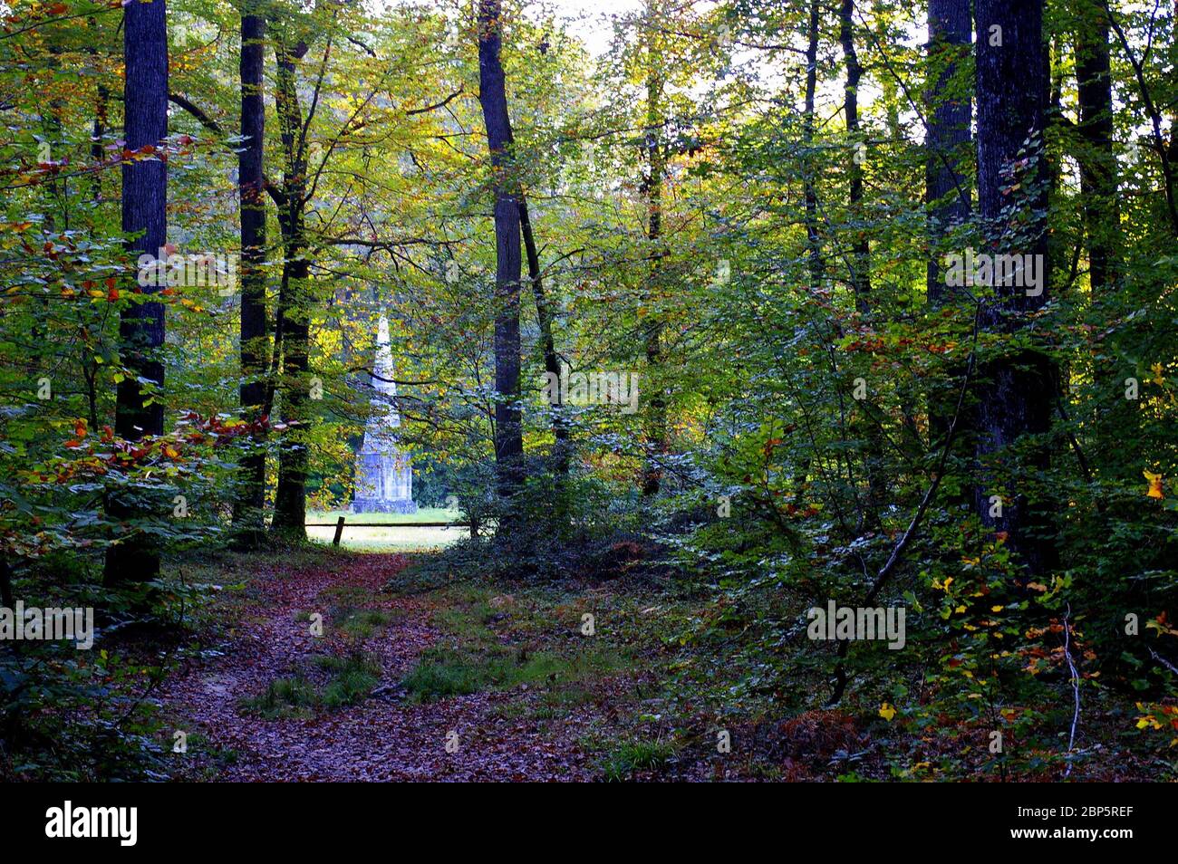 Denkmal durch die Bäume im ländlichen Frankreich Stockfoto