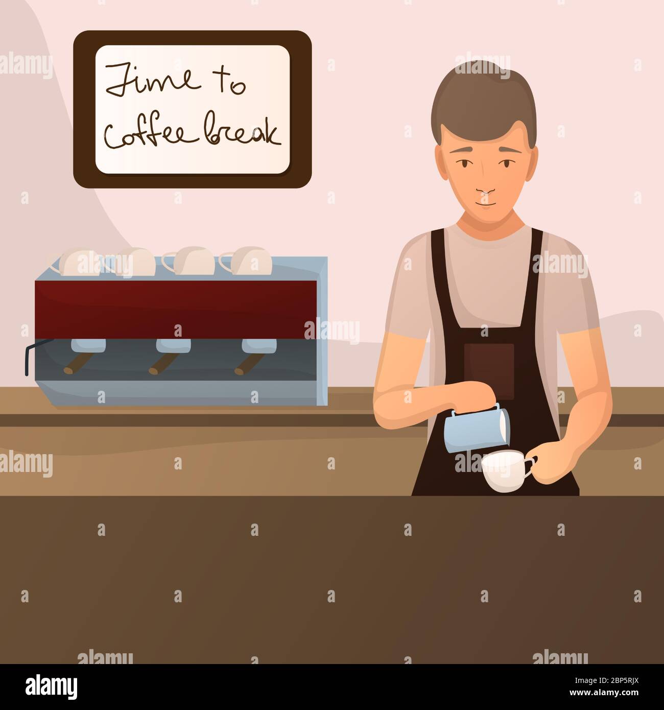 Barista brauen Kaffee für Lifestyle-Design. Männlich Cartoon Charakter machen Cappuccino. Cafe Interieur, Zitat - Zeit, um Kaffeepause an der Wand im Rahmen. Stock Vektor
