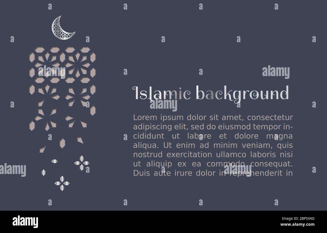 Mond und Arabeske vertikale Einrichtung, ausgeschnittenes Papier. Arabischer Vektor dunkler Hintergrund.Geometrisches Hintergrundmuster mit Mosaik und arabischer Tessellation Stock Vektor