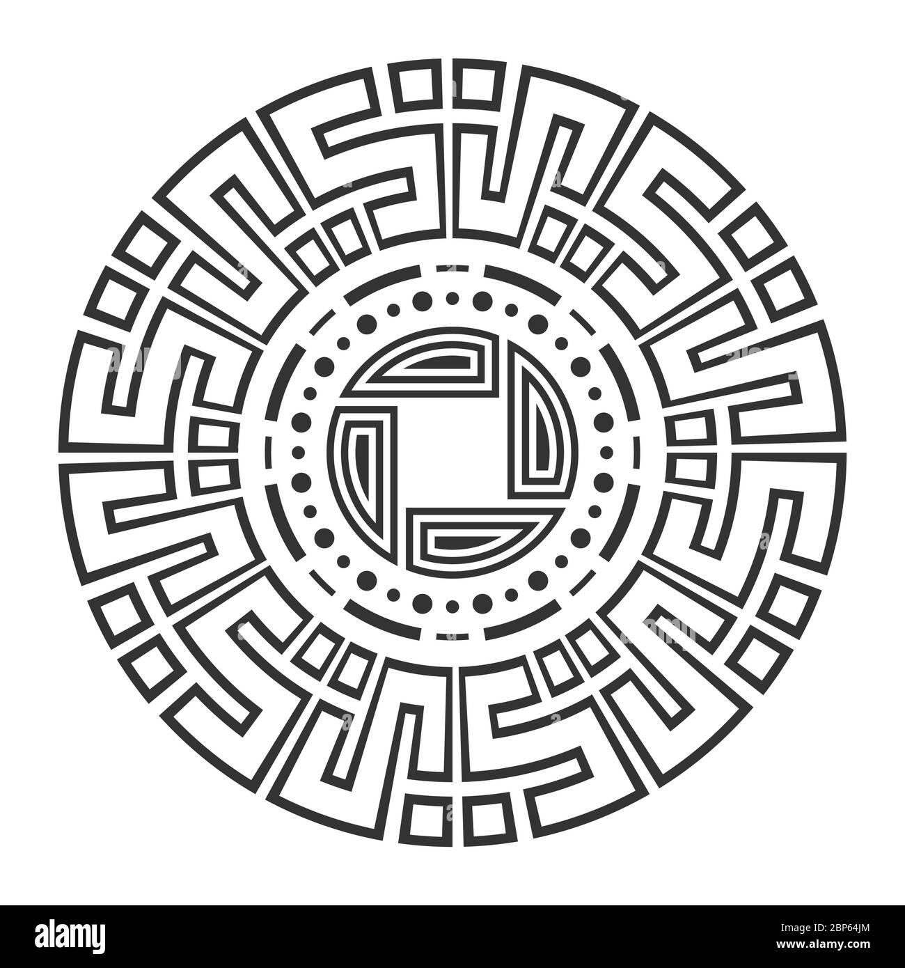 Abstrakt rund Mäander, kreisförmige geometrische Ornament, stilvolle Rahmen. Dekorative Muster isoliert auf weißem Hintergrund. Vektor monochrome Illustration. Stock Vektor