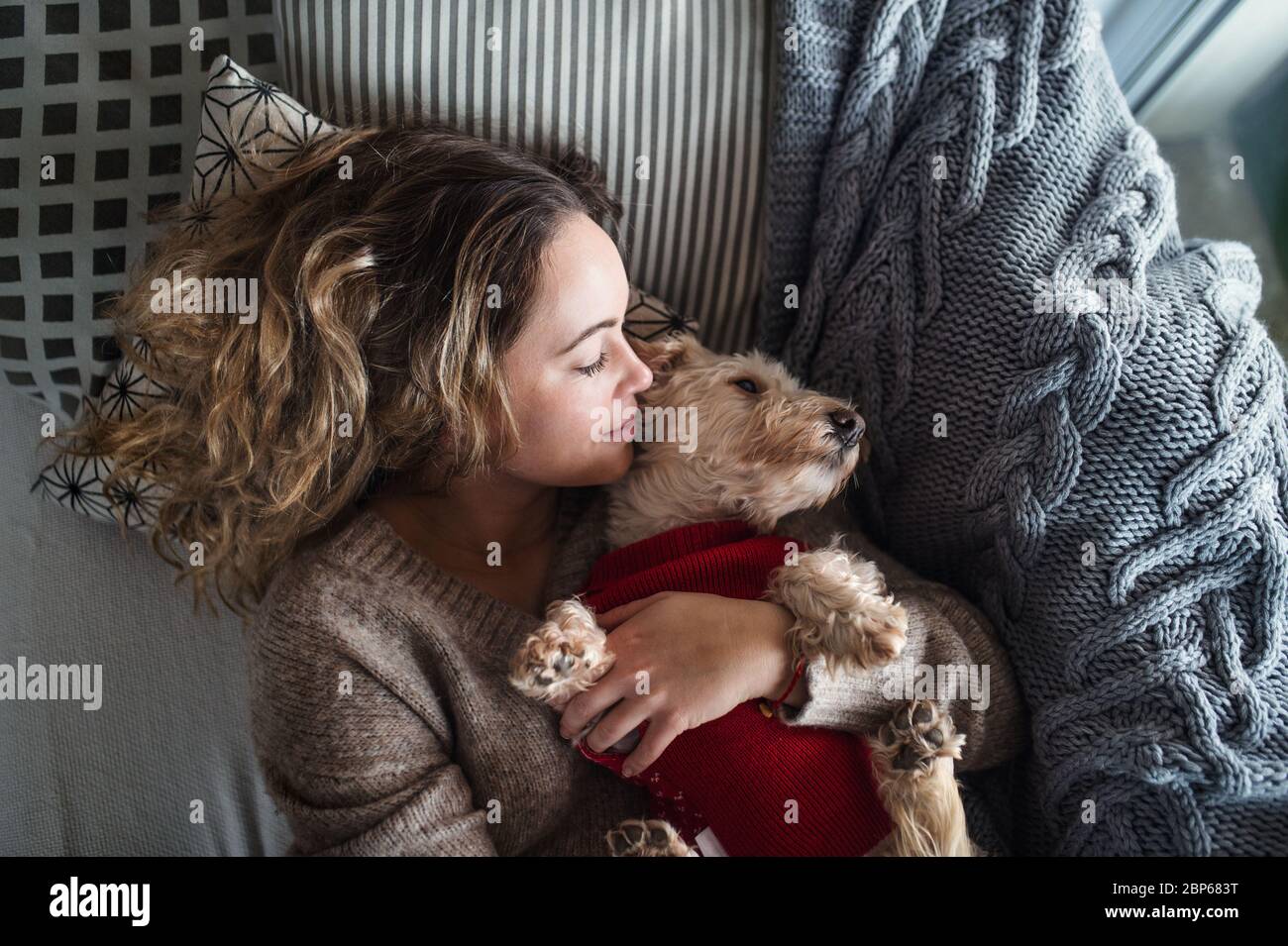 Draufsicht der jungen Frau, die sich zuhause auf dem Sofa mit Haustier Hund entspannt. Stockfoto