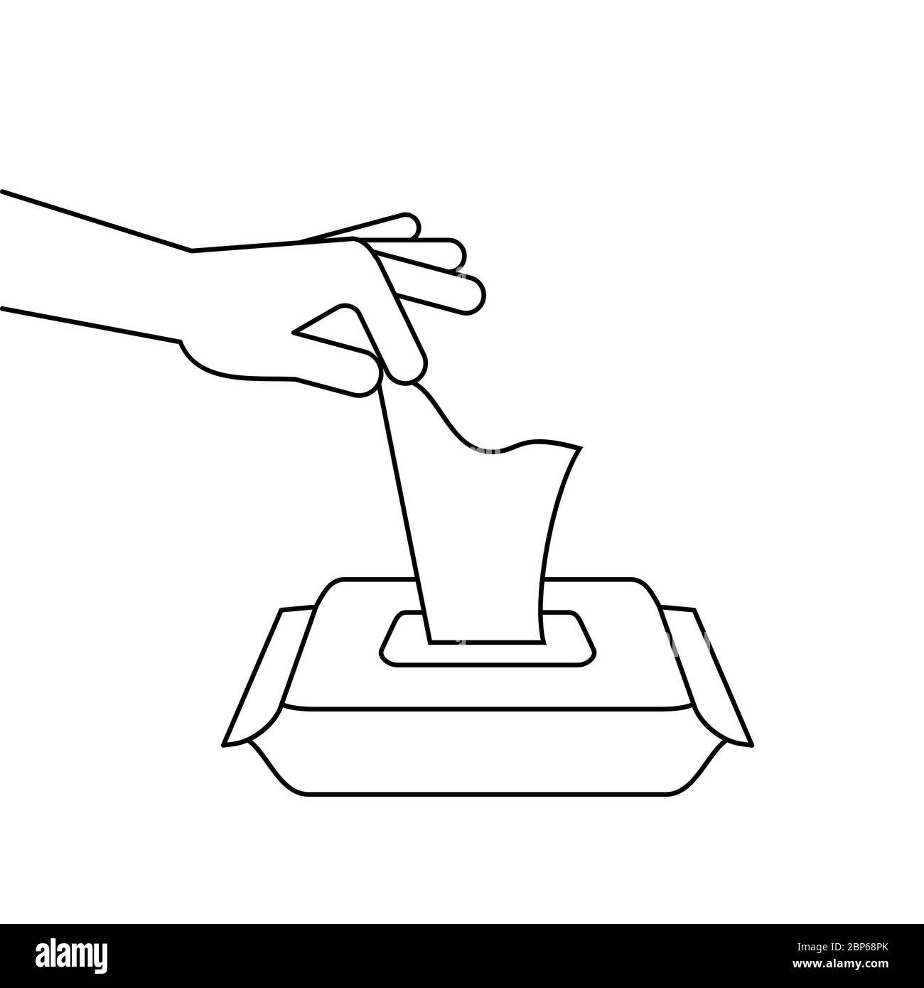 Hand, die ein nasses Tuch aus der tragbaren Packung zieht. Symbol für die Box Line des antiseptischen Desinfektionsmittels für Alkohol. Schwarze Umrandung auf weißem Hintergrund. Vektor Stock Vektor