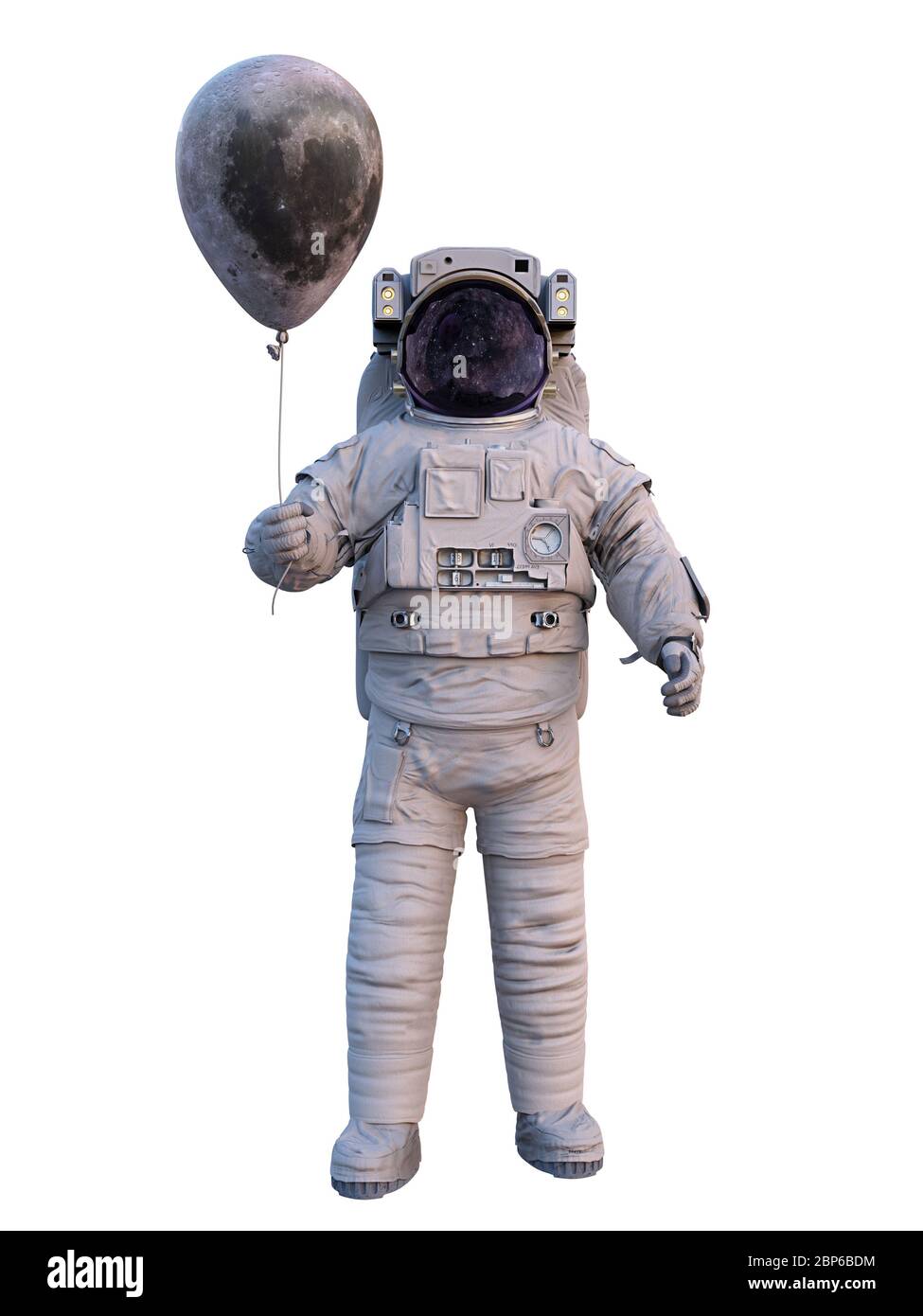 astronaut mit Mondballon isoliert auf weißem Hintergrund Stockfoto