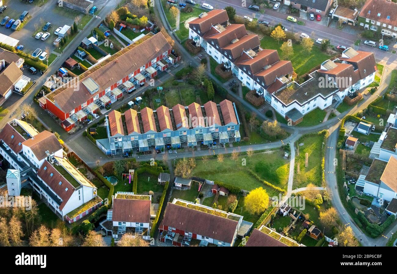 Luftaufnahme, Reihenhäuser Heessen, hoher Weg, rote Dächer, schmale Einfamilienhäuser, Hamm, Ruhrgebiet, Nordrhein-Westfalen, Deutschland Stockfoto