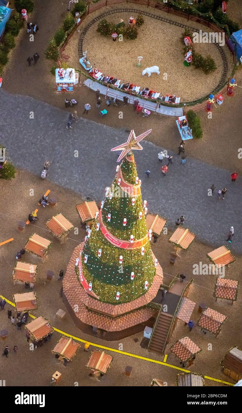 Luftaufnahme von Cranger Weihnachtszauber, Herne Weihnachtsmarkt, mobiler Weihnachtsbaum, Riesenrad, Crange, Herne, Ruhrgebiet, Nordrhein-Westfalen, Deutschland Stockfoto